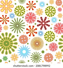 Festive background. Square Seamless pattern. Bright flashes of fireworks in a symbolic style. Petard and squib. Flat design. Cartoon style. Vector.