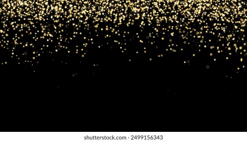 Festive background with stars, gold glitter and confetti for Christmas celebration. Black vector background with glowing golden particles.