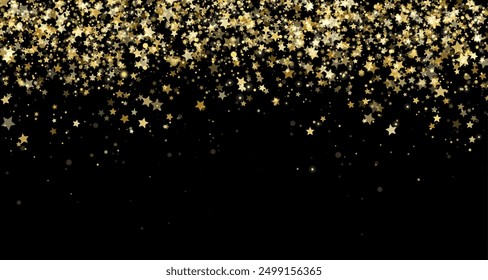 Festive background with stars, gold glitter and confetti for Christmas celebration. Black vector background with glowing golden particles.