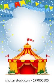 Festive background with striped tent of vagrant circus and flags. Vector illustration. 