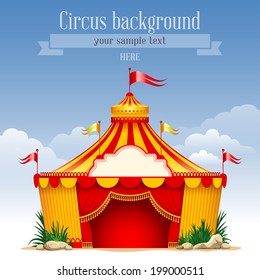 Festive background with striped tent of vagrant circus and flags. Vector illustration. 