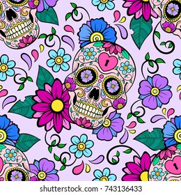 Festive background with sugar skulls, heart and flower ornament. Day of the dead. Seamless vector pattern.