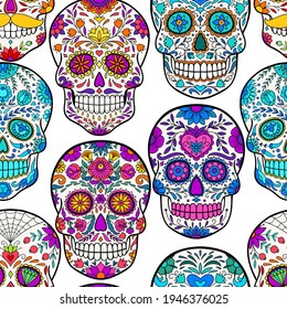Festive background with sugar skulls. Pattern with sugar skulls