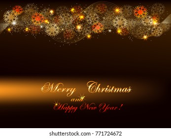 Festive background, text Merry Christmas, golden wave and snowflakes, vector