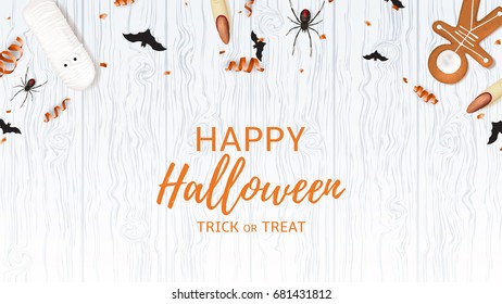 Festive background with treats for halloween. Top view on spiders, paper bats and confetti on wooden texture. Vector illustration with cookies in form of skeleton gingerbread man and serpentine.