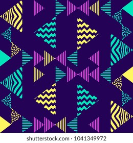 Festive Background in Triangle Geometric Neo Memphis 90s Style Colorful Decorative Wallpaper with Simple Editable Bold Block Bright Smyk Color.