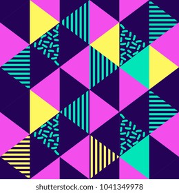 Festive Background in Triangle Geometric Neo Memphis 90s Style Colorful Decorative Wallpaper with Simple Editable Bold Block Bright Smyk Color.