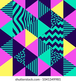 Festive Background in Triangle Geometric Neo Memphis 90s Style Colorful Decorative Wallpaper with Simple Editable Bold Block Bright Smyk Color.