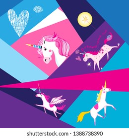 Festive background with unicorns on geometric colored background