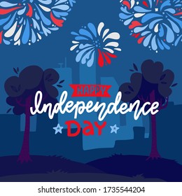 Festive background for USA Independence Day, Fourth of July, with fireworks under night city landscape, Flat vector illustration of houses and trees