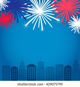 Festive background for USA Independence Day, Fourth of July, with fireworks and city, vector illustration