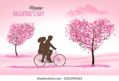 Festive background with Valentine's Day. Bicycle with couple in love and trees with heart-shaped leaves. Vector