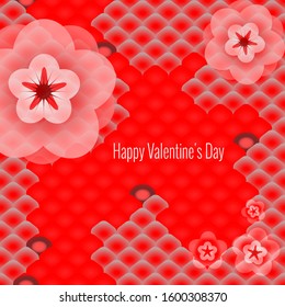 Festive background for Valentine's Day. Traditional oriental pattern fish scales of carp Koi and flowers sakura, in brighte red and pink. Vector illustration, text. 