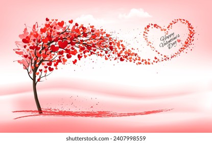 Antecedentes festivos para el Día de San Valentín. Árbol con hojas en forma de corazón y hojas recogidas en forma de corazón. Vector