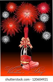 festive background for Valentine's Day with two hearts and champagne