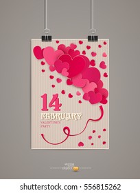 Festive background Valentine's Day. Vintage. Template for postcards with many hearts. Vector holiday illustration card hanging on the wall
