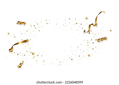 Festive background vector illustration. Elegant colorful wallpaper design. Creative backdrop with golden ribbons, stars and confetti, horizontal banner with copyspace