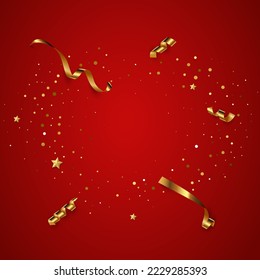 Festive background vector illustration. Elegant colorful wallpaper design. Creative backdrop with golden ribbons, stars and confetti, square red and gold banner with copyspace.