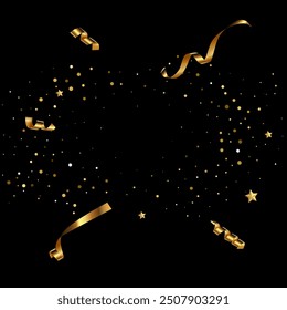 Festive background vector illustration. Golden ribbons, stars and confetti creative backdrop, square black banner with copyspace. Elegant colorful wallpaper design.