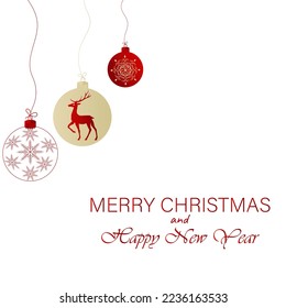 Festive background, web banner, postcard with Christmas balls, snowflakes, deer. Can be used as a poster, greeting or invitation. For a festive mood