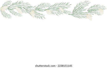 Festive background, web banner, postcard, poster, greeting card with fir branches, pine cones and balls. with space for text. Elements of hand drawing.
