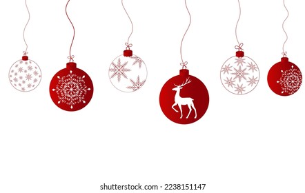 Festive background, web banner, postcard with Christmas balls, snowflakes, deer. Can be used as a poster, greeting or invitation. For a festive mood