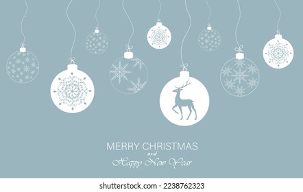 Festive background, web banner, postcard with Christmas balls, snowflakes, deer. Can be used as a poster, greeting or invitation. For a festive mood