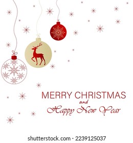 Festive background, web banner, postcard with Christmas balls, snowflakes, deer. Can be used as a poster, greeting or invitation. For a festive mood