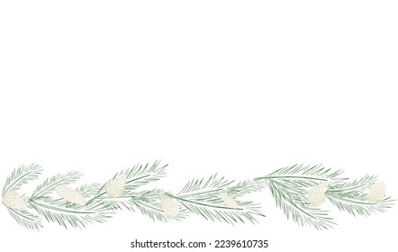 Festive background, web banner, postcard, poster, greeting card with fir branches, pine cones and balls. with space for text. Elements of hand drawing.