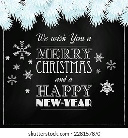 Festive background with white fir and chalkboard. Christmas background. Vector illustration.