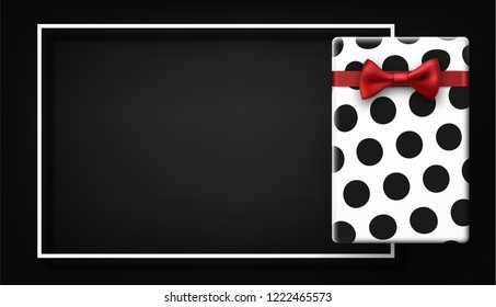 Festive background with white frame and gift box with red satin bow. Top view illustration. Vector background.