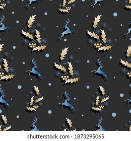 Festlicher Hintergrund. Winterhirsch. Holly mit goldenen Beeren und Blättern. Design für Textilien