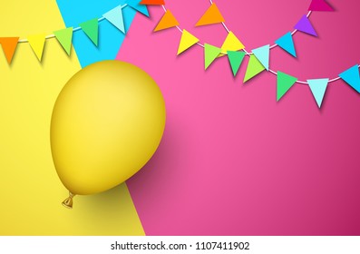 Festive background with yellow realistic 3d balloon and garlands of colorful flags. Vector illustration.
