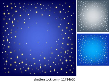 Fondo festivo para tu diseño. Estrellas de oro y copos de nieve sobre fondo azul con efecto de viñedos. VECTOR (Consulte También Jpeg En Mi Cartera)