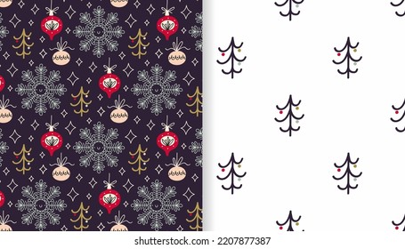 Festive backgrounds with Christmas balls, snowflakes and fir trees. Set of vector seamless patterns.