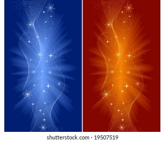 Festive backgrounds for Christmas, New Years Eve, etc. with spirals, swirls and stars in red, orange and blue. Use of blends, global colors.