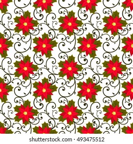 Festive background.Seamless pattern. Red flower. Poinsettia. Christmas and New year. Wallpaper, decoration, winter, fashion, gift packing. Vector