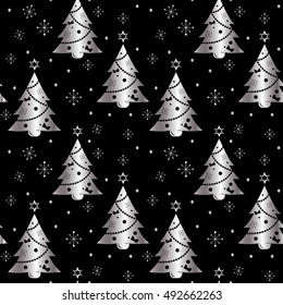 Festive background.Seamless pattern of silver on a dark background.Tree. Christmas and New year.Texture for web,print,Wallpaper,decoration,winter,fashion,website background,gift wrapping.Vector.