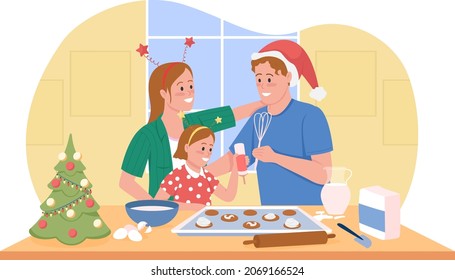 Festive baking 2D vector isolated illustration. Winter season cooking. Preparing for Christmas together. Family recreation flat characters on cartoon background. Wintertime colourful scene