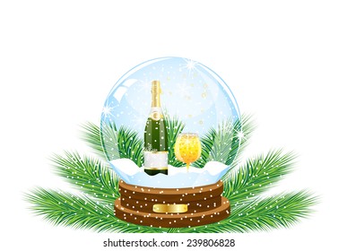 festive ball with a bottle and glass of champagne inwardly,vector illustration
