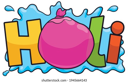 Festive balloon splashing water with colorful text, ready for a funny Holi Festival.