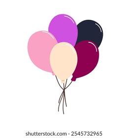 Manojo de globos festivos. Decoración de Festiva, Paquete de globos de aire. Decoración de fiesta de cumpleaños, elegante adorno de helio atado con cuerdas, flotando hacia arriba. Ilustración vectorial plana aislada sobre fondo blanco