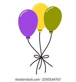 Festive balloons bunch. Holiday decor, air balloons bundle. Birthday party decoration, elegant helium ornament tied with strings, floating up. Flat vector illustration isolated on white background