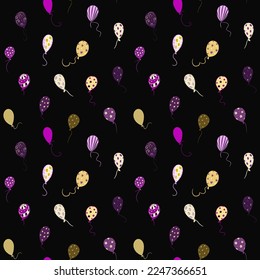 Festive balloons with different patterns. Purple and yellow shades. Vector image on a black background.