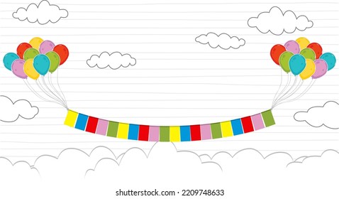 Festive balloons, flags, garlands, floating in the sky. Vector illustration