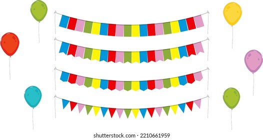 Festive balloons, flags, garlands, floating in the sky. Vector illustration