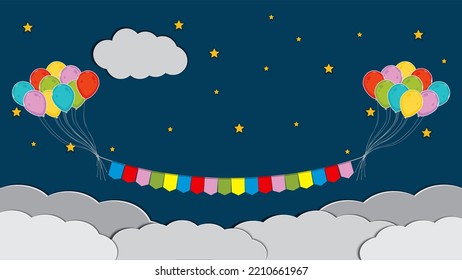 Festive balloons, flags, garlands, floating in the sky. Vector illustration