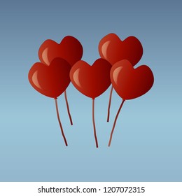 Festive balloons on a blue background. Red balls in the form of a heart. Vector illustration