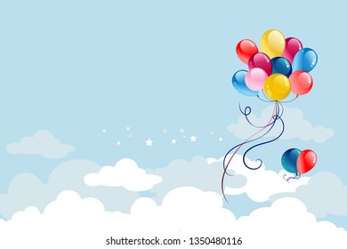 Festive balloons on blue sky. Holiday cartoon illustration with place for text.