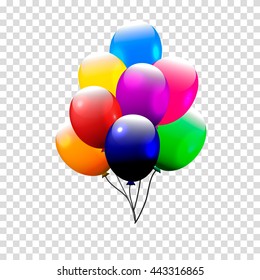 Festive Balloons real transparency. Vector illustration. 3d illustrator. red yellow blue green violet orange balloons isolated. colorful 3d balloon bunch. For party, birthday invitation.